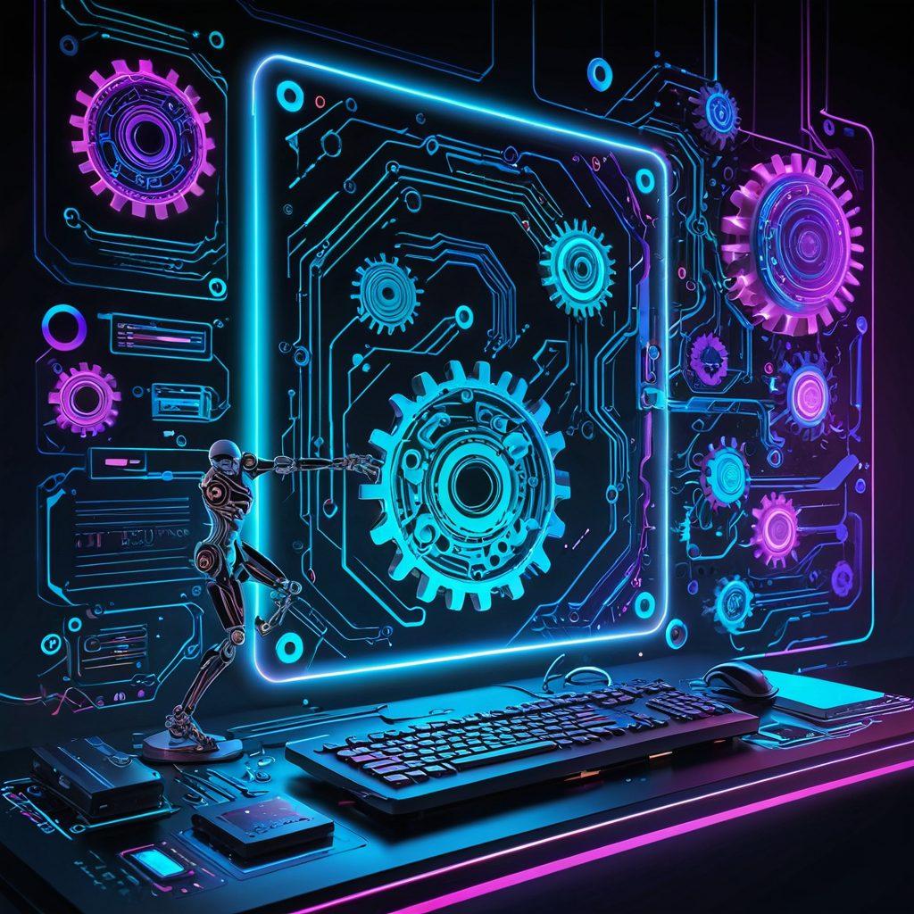 An imaginative blend of surreal elements where whimsical gears and digital circuits morph into a sophisticated web platform interface. A mechanical arm codes on a holographic screen, while vibrant, abstract shapes hover in the background, suggesting creativity and innovation. Colors should pop with glowing neon hues and a futuristic, dynamic atmosphere. vector art. vibrant colors.