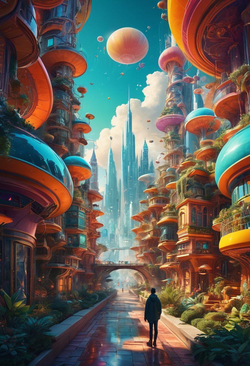 A futuristic, whimsical digital cityscape with imaginative website elements floating and intertwining. Vibrant colors, organic shapes, and unconventional designs merge, sparking creativity and innovation vibes. Central to the scene, a character with a glowing toolset, unleashing artistic energy. digital painting. vibrant colors. fantasy style.